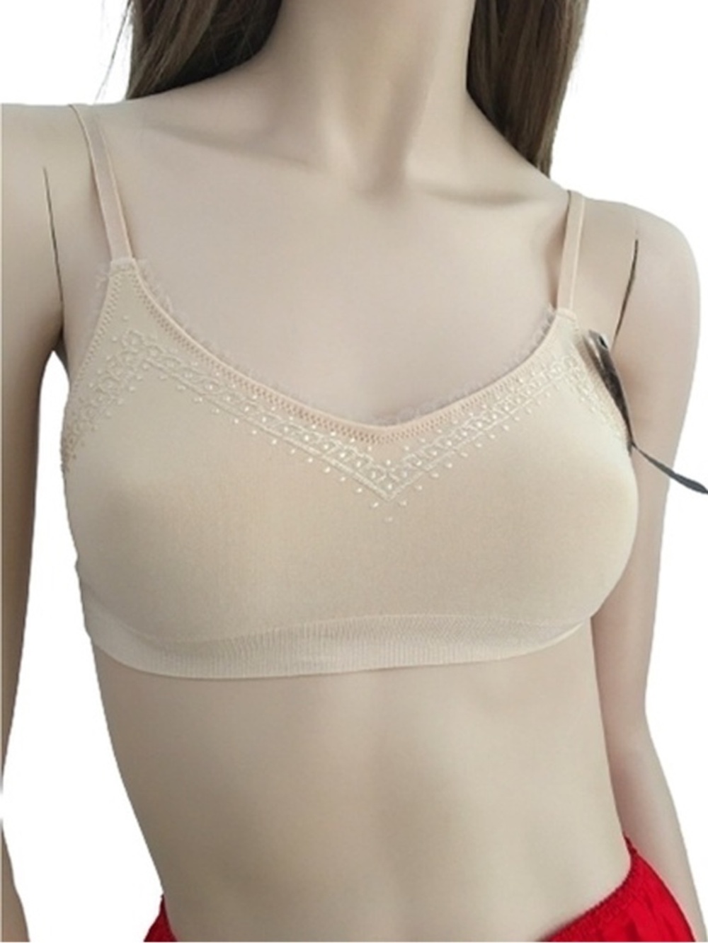 WACOAL Nylon Bra Bralette Unwired Nude Tulle Embellished Lace 36 Unpadded